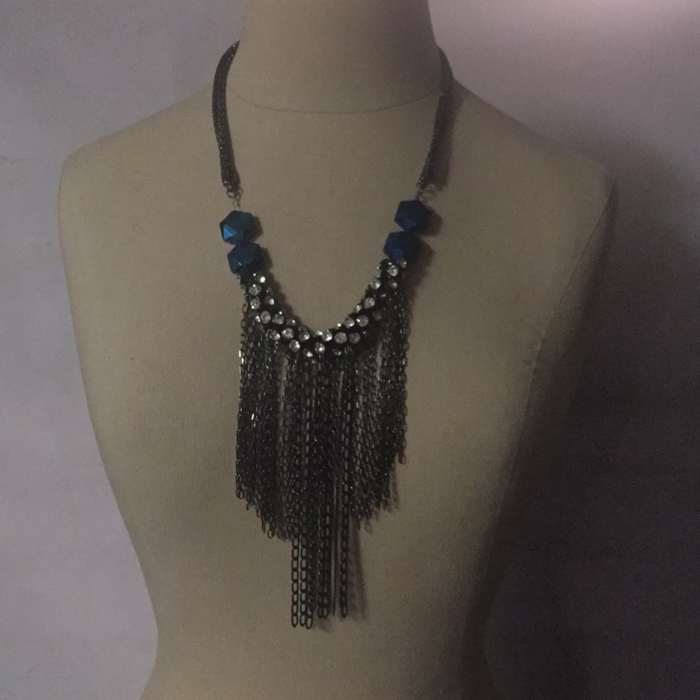 bebe Fringe Blue  Gunmetal  Statement Necklace